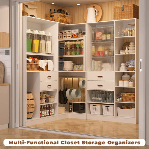 Built Tough Freestanding Walk In Closet 3 Piece Kit With Big Time Storage Shelves Solid Wood Drawers And Hanging Rods for organized home pantry