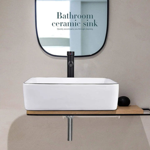 Dope White Ceramic Above Counter Vessel Sink Combo With Black Faucet And Pop Up Drain 19 By 15 Inches Rectangular Porcelain Basin