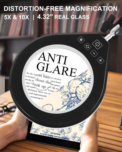 Distortion-free 5X/10X illuminated magnifier lamp with dimmer, handheld use for crafting, anti-glare, clamp visible.