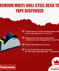 Blue Grey Premium Multi Roll Steel Desk Top Tape Dispenser Holds Three One Inch Tapes Or A Single Three Inch Wide Roll With A Three Inch Core And Up To Five Inch Outer Diameter Built Like A Tank For Your Busy Office with serrated blade and safety guard.