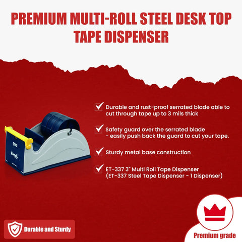 Blue Grey Premium Multi Roll Steel Desk Top Tape Dispenser Holds Three One Inch Tapes Or A Single Three Inch Wide Roll With A Three Inch Core And Up To Five Inch Outer Diameter Built Like A Tank For Your Busy Office with serrated blade and safety guard.