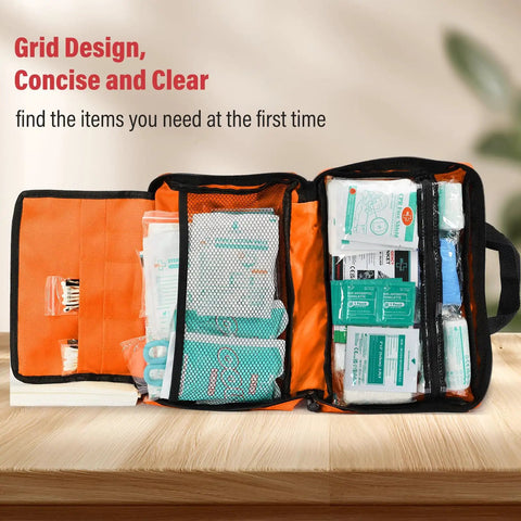 Interior of 380 Piece Deluxe First Aid Kit With Bandages Gauze Rolls Instant Cold Packs And Emergency Blanket Compact Orange Kit For Home Travel Camping And Car Ready For Grab And Go Everyday Care