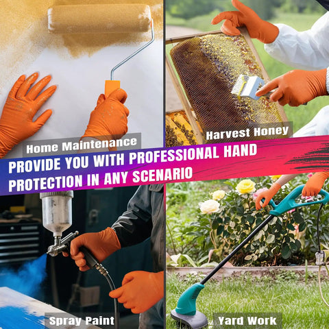 Heavy Duty Orange Nitrile Workhorse Gloves 6.3 Mil Thick used in home maintenance, spray painting, honey harvesting, and yard work.
