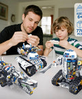 Father and son assembling 3 In 1 STEM Robotics Building Kit With 776 Pieces For App And Remote Control Play Space Wars Toy