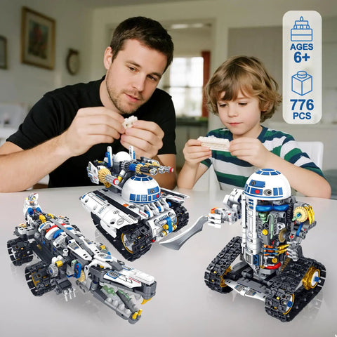 Father and son assembling 3 In 1 STEM Robotics Building Kit With 776 Pieces For App And Remote Control Play Space Wars Toy