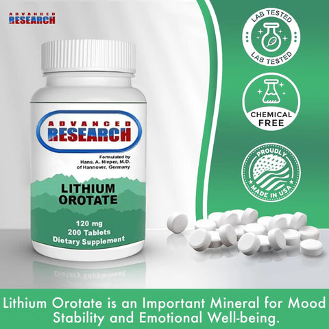 Dr Hans Nieper Lithium Orotate 5mg, 200 Count, Lab Tested, Non-GMO, Gluten Free, Vegan Friendly, Supports Brain Health And Cognitive Function bottle and tablets
