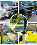 Uses of All In One Foam Cannon Car Wash Kit With Garden Hose Gun for washing cars, watering plants, cleaning floors, and pet rinsing.