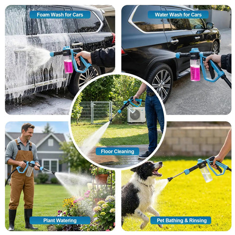 Uses of All In One Foam Cannon Car Wash Kit With Garden Hose Gun for washing cars, watering plants, cleaning floors, and pet rinsing.