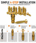Image showing Six By Fourteen Millimeter Short Expansion Screw Set For Cabinet Hinge Repair with installation steps and screws.
