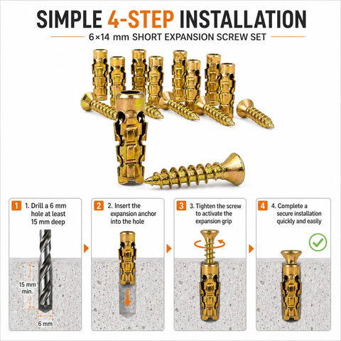 Image showing Six By Fourteen Millimeter Short Expansion Screw Set For Cabinet Hinge Repair with installation steps and screws.