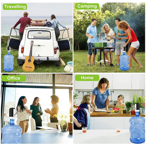 Portable 5 Gallon Water Pump Dispenser With Rechargeable Built In Battery Electric Drinking Water Pump For Camping Kitchen Home Office Grab And Go One Button Operation in various settings: travel, camping, office, and home.