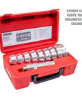 OEMTOOLS bearing race and seal driver set in red portable case with 9 metal driver sizes.