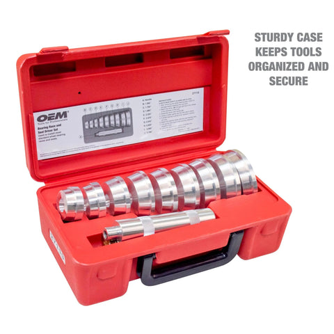 OEMTOOLS bearing race and seal driver set in red portable case with 9 metal driver sizes.