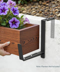 Adjustable Window Box Brackets Set, Heavy Duty Iron Planter Brackets For Railings with purple flowers, black finish