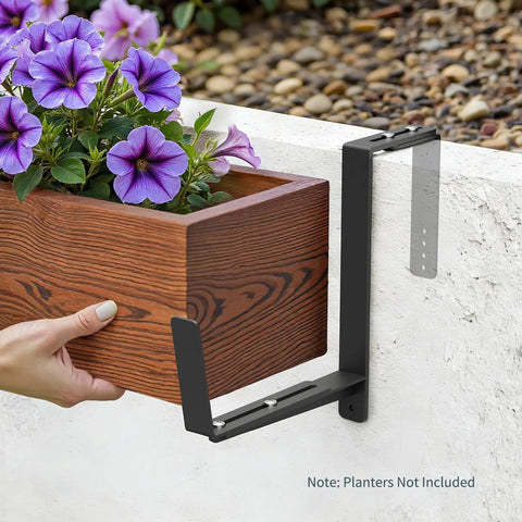 Adjustable Window Box Brackets Set, Heavy Duty Iron Planter Brackets For Railings with purple flowers, black finish