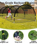 Backyard Baseball Batting Cage With 30ft By 12ft By 8ft Frame Portable Practice Net in yard with player inside.