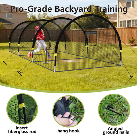 Backyard Baseball Batting Cage With 30ft By 12ft By 8ft Frame Portable Practice Net in yard with player inside.