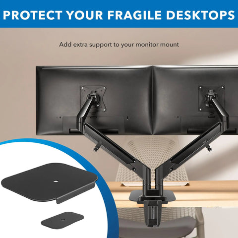Built Tough Steel Monitor Mount Reinforcement Plate with EVA pads, mounted for dual monitor setups on a desk.