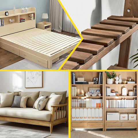 Furniture featuring 50Pcs M6 X 10mm Yellow Zinc Plated Carbon Steel Barrel Nuts Kit for wooden beds, chairs, and shelves.