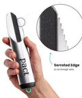 Hand holding award winning ultra lightweight aluminum backpacking shovel for camping and hiking ergonomic trowel, focus on serrated edge.