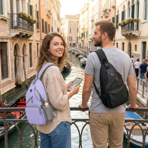 Man wearing Men's Sling Bag Crossbody Backpack, Compact Yet Roomy Small Sling Pack For Everyday Carry, Anti Theft Daypack For Travel And Hiking.