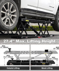 8,000-Lb Portable Car Lift With Heavy Duty Hydraulic Quick Jack lifting white SUV, showing adjustable scissor lift at 27.4 inch height.