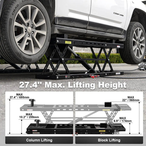 8,000-Lb Portable Car Lift With Heavy Duty Hydraulic Quick Jack lifting white SUV, showing adjustable scissor lift at 27.4 inch height.