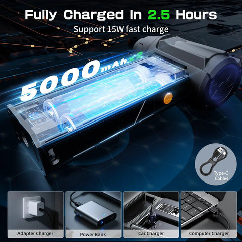 Electric Air Duster With Flashlight And Display, 180000 RPM High Speed Blower charging options and battery specs