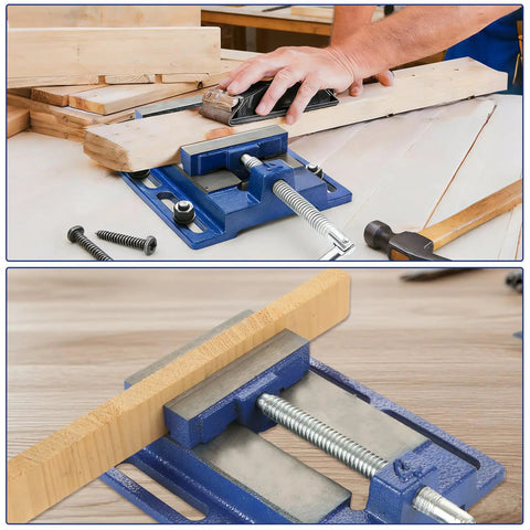 Built Like A Tank 4 Inch Drill Press Vise With Slotted Cast Iron Base and Precision Steel Jaw Plates holding wood securely during sanding.