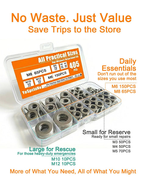 YoSpciaNe 405pc 304 stainless steel flat washer set in a clear case; metric M3–M12 with M6/M8 sizes.