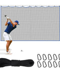 Golfer practicing in front of Heavy Duty 10x10 Golf Net For Garage And Backyard, Boss Level Training Netting, with accessories.