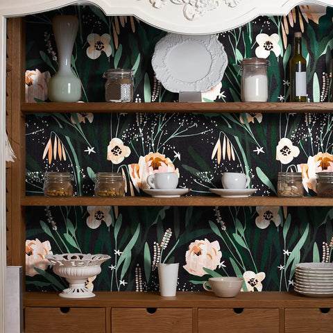 Dope Boho Floral Peel And Stick Wallpaper with black background, green leaves, pink flowers, behind kitchen shelves, 38.75 sq ft