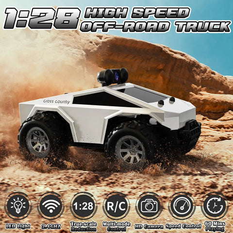 All Terrain RC Car With 720P FPV Camera And Remote Control, 1:28 Scale, LED lights, rugged off-road design on rocky terrain