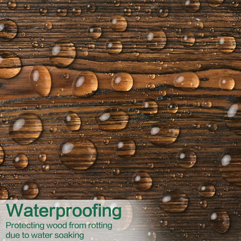 Close-up of water droplets on wood surface showing waterproofing effect, highlighting Hella Pure Tung Oil In A Massive 135 Oz Jug For 100 Percent Natural Wood Finish.