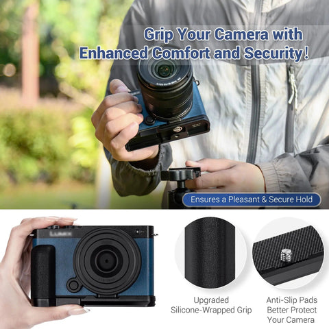 Person holding Street Ready S9 Hand Grip For Panasonic Lumix S9 Camera With L Shape Bracket Arca Quick Release Plate in outdoor setting.