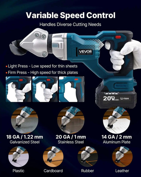 Workhorse Cordless Sheet Metal Cutter With 360 Degree Pivoting Head And Double Blades, cutting materials