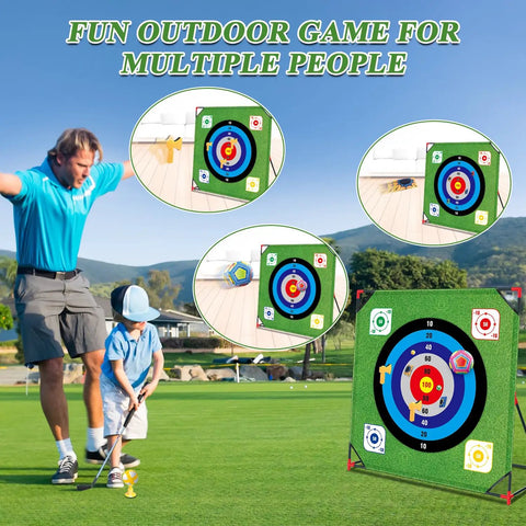 Ultimate Outdoor Golf Chipping Game With Stand And Putting Mat For Backyard Battle Play setup on lawn with targets