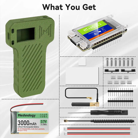Badass Mesh Node T114 Board With NRF52840 SX1262 LoRa components including green armor case, TFT screen, and 3000 mAh battery.