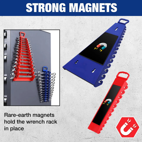 Heavy Duty Magnetic Wrench Organizer Four Pack Tool Storage Rack With Fifteen And Twelve Slot Grippers For Metric And Sae Wrenches Keeps Your Garage Setup Dead Tight And Zero Fuss