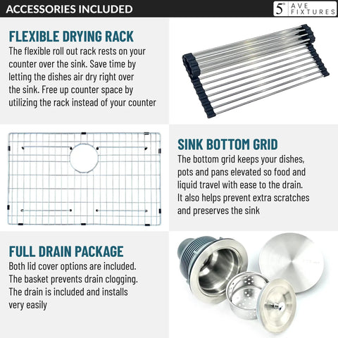 Accessories for Undermount 22 Inch Stainless Steel Kitchen Sink With XL Deep Single Bowl 16 Gauge Heavy Duty Top Tier Full Accessory Set Included Drain Strainer Lids Bottom Grid Flexible Drying Rack And Template For Easy Install