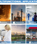 Collage showcasing multifunctional applications: steelworks, chemical plant, hospital, laboratory, school, gas station.