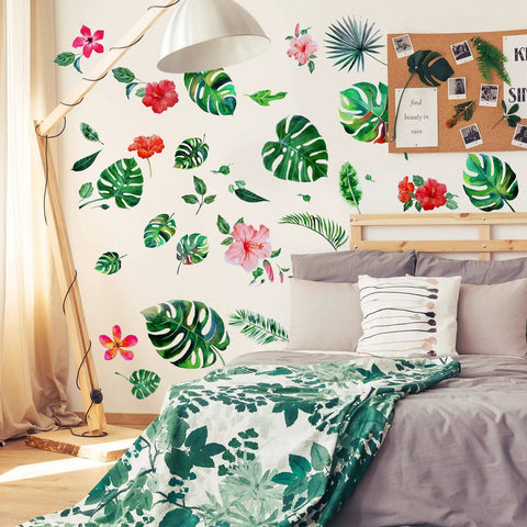 66 Pieces Large Hawaiian Floral Wall Decals Set With Palm Leaves And Hibiscus on bedroom wall above bed