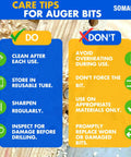 Care tips for auger bits including do's and don'ts for maintenance, displayed on wood shavings background with SOMADA logo.