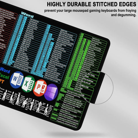 Ultra Long Desk Pad For Gaming And Office, 31.5 by 15.7 Inch with stitched edge featuring keyboard shortcuts, close-up view.