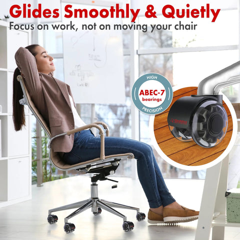 Woman relaxing on office chair with Replacement Chair Wheels Set Of 5 Dual 2 Inch Soft Casters For Hardwood Floors
