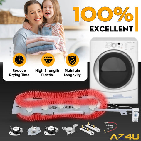 Electric Dryer Heating Element Replacement With Thermostat And Thermal Fuse Fits WED9400 Series Dryers Easy Install And Durable Aftermarket Replacement Part Game Changer with dryer in background and smiling family
