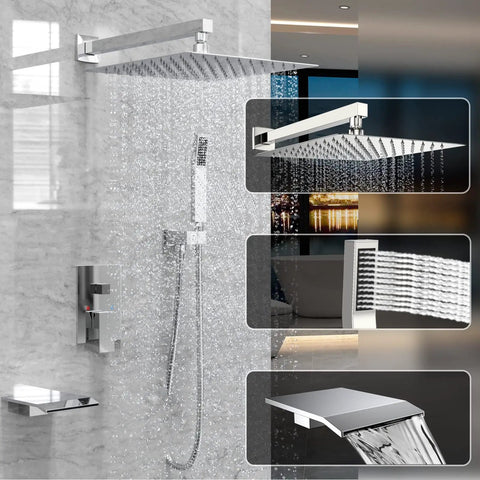 Rain Shower System With 10 Inch Wall Mount Faucet Waterfall Bathtub Spout Handheld Spray Rough In Valve And Trim Kit Chrome Polished