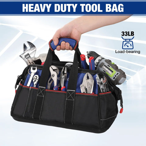 16 Inch Wide Mouth Tool Bag With Waterproof Molded Base, Heavy Duty 840D Polyester, Pro Grade Tool Organizer For Home, Garage And Job Site, Durable, Water Resistant Carryall With Double Stitching, loaded with hand tools