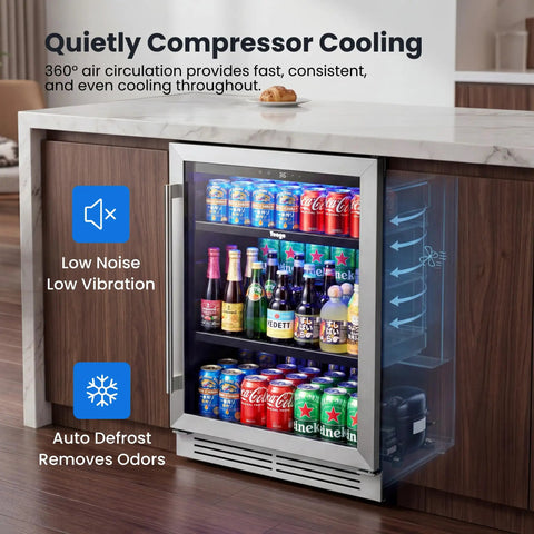 Under Counter Beverage Refrigerator With Glass Door 24 Inch 180 Can Beer Cooler, Temperature Range 34-54 Degrees Fahrenheit, Built-In Drink Fridge For Bar Office Home Kitchen installed under a counter with drinks inside.