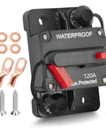 120 Amp Car Circuit Breaker With Manual Reset, Inline Fuse Holder, wire lugs, and copper washers for 12V-48V systems